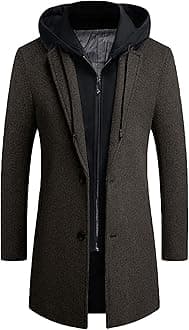 PRIJOUHE Men's Wool Coat Hoodie Long Trench Coat Cotton Casual Woollen Overcoat Jacket