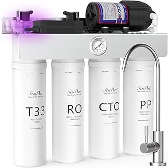 - SimPure T1-400UV Tankless Reverse Osmosis System with UV, NSF/ANSI 58 Certified, Under Sink RO Water Filter System 400 GPD, 8 Stage Filtration Near 0 TDS, Built-in Pump, BPA Free, 1.5:1 Pure to Drain