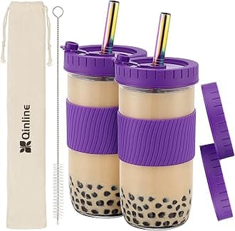 Reusable Glass Mason Jars Cups with Lids and Straws Silicone Sleeves, 2 Pack 24Oz Wide Mouth Smoothie Cups Glass Bubble Tea Cup, Leakproof drinking glasses Water Bottle Travel Tumbler for Large Pearl