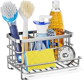 Kitchen Sink Organiser Silver - 4 in 1 Sink Tidy with Removable Drip Tray, Stainless Steel Kitchen Sink Caddy for Dish Brush, for Countertop Storage & Organisation