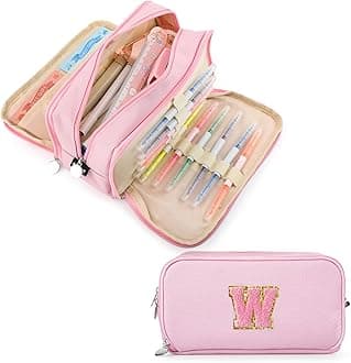 Extra Large Capacity Pencil Case 3 Compartment Initial Pencil Pouch Personalized Cute Aesthetic Stationery Pen Case Bag for School Teen Girl Boy Men Women Gift (W, Pink)
