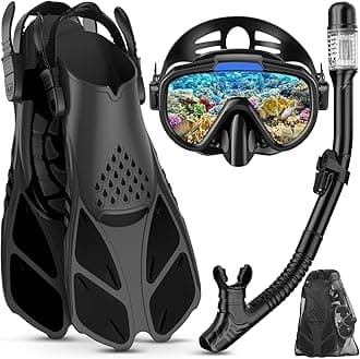 Snorkel Set Adult with Flippers, Anti-Fog Diving Set, Dry Snorkel, Adjustable Flippers, Snorkelling Packages for Men and Women