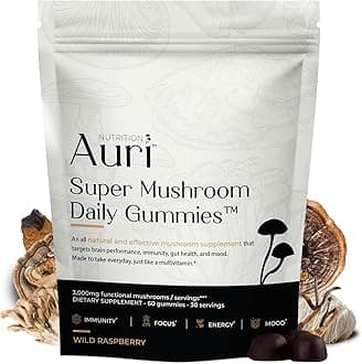 Auri Super Mushroom Gummies - All-in-One Daily Supplement Gummy - 12 Mushroom Blend with Chaga, Lions Mane, Reishi, Cordyceps - Boost Your Immunity, Focus, Energy, Mood - 60 Gummies