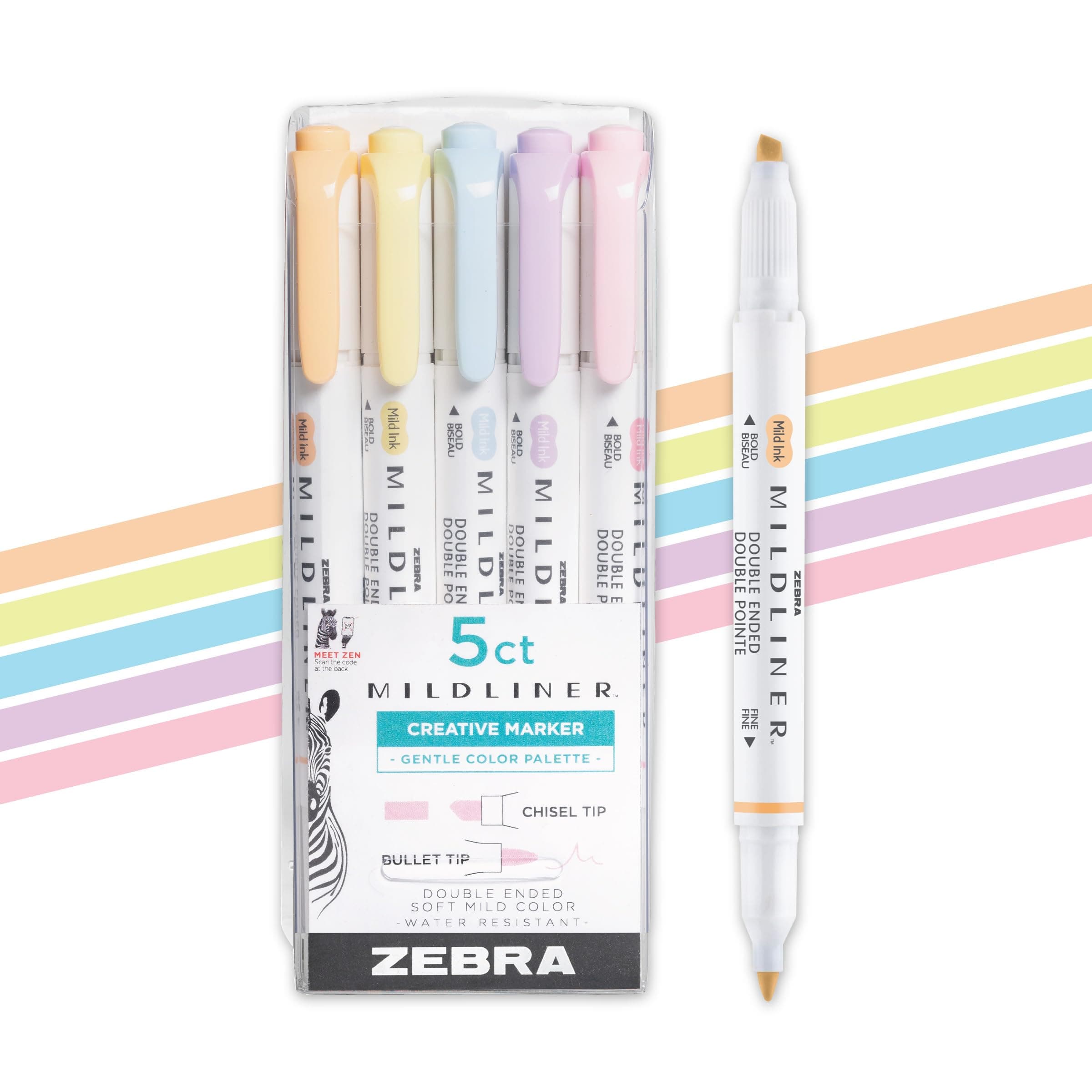 Zebra Pen Mildliner Double Ended Highlighter Set, Chisel and Bullet Point Tips, Assorted Gentle Ink Colors, 5-Pack (78705)