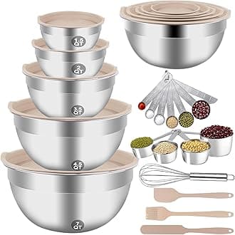 Mixing Bowls Set, 25PCS Khaki Mixing Bowls With Lids Set Stainless Steel Kitchen Large Nesting Metal Bowl 7QT to 1.5QT, Measuring Cups and Spoons for Prepping Cooking Serving
