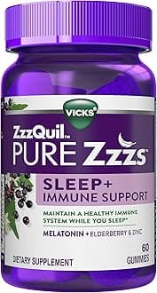 ZzzQuil Pure Zzzs Sleep + Immune Support Melatonin Sleep Aid Gummies with Elderberry, Zinc, Chamomile, Lavender, & Valerian Root, 1mg per Gummy, 60 ct