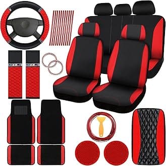 BBTO 43 Pcs Bling Car Accessories Set for Women Front Seats and Rear Bench Polyester Car Seat Protectors Wheel Cover Seat Floor Mats Full Crystal Automotive Interior Decor(Red and Black)