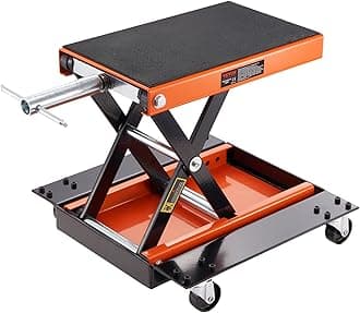 Motorcycle Lift, 1100 LBS Motorcycle Lift ATV Scissor Lift Jack with Dolly & Hand Crank, Center Hoist Crank Stand with Wide Deck & Tool Tray for Street Bikes, Cruiser Bikes, Touring Motorcycles