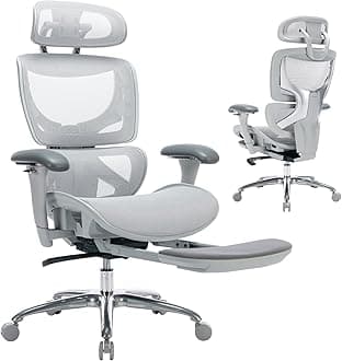 COLAMY Ergonomic Mesh Office Chair with Footrest, Executive High Back Computer Desk Chair with Wide Headrest and Adjustable 3D Arms, Backrest, Tilt Lock and Lumbar Support-Grey