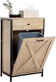Anbuy Tilt Out Trash Can Cabinet, Kitchen Trash Cabinet with Barn Door, Pet Proof Trash Can Odor Blocking, Free Standing Wood Laundry Recycling Cabinet