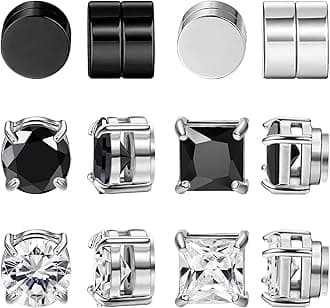 NEWITIN 6 Pairs Stainless Steel Magnetic Stud Earrings for Men Clip on Earring Magnetic Earring Unisex Non Piercing CZ Magnet Studs Diamond Earrings for Women Men
