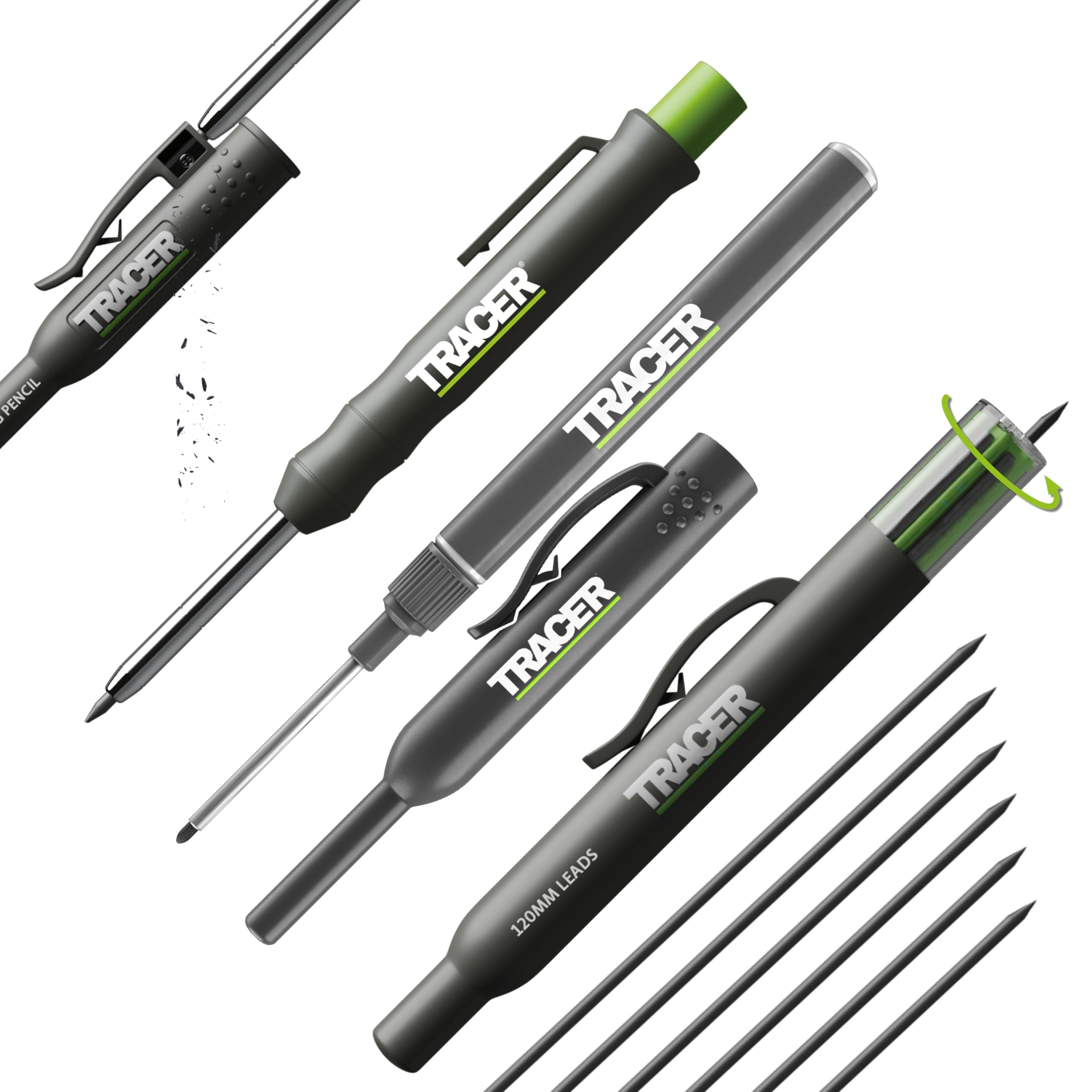 Tracer Complete Deep Hole Marking Kit - (including Double-Tipped Deep Hole Permanent Marker, Deep Hole Construction Pencil, 6x Replacement Lead Dispenser Site Holster)