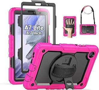 SEYMAC Case for Samsung Galaxy Tab A7 Lite 8.7" (SM-T220/ T225/ T227), Heavy Duty Full-Body Shockproof Protective Case with Screen Protector, Rotating Stand, Hand/Shoulder Strap, Pink