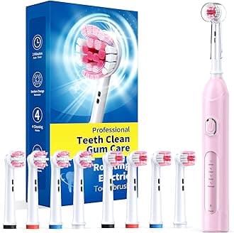 Rotating Electric Toothbrush for Adults with 8 Brush Heads (2 Types), 4 Modes Deep Clean Electric Toothbrush with Rechargeable Power and 2 Min Smart Timer Pink