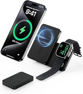 3 in 1 Magnetic Portable Charger, KU XIU Qi2 Certified 15W Fast Charging Power Bank with Stand, 5000mAh Foldable Wireless Battery Pack for iPhone 16-12, for iWatch Series & AirPods (Black)