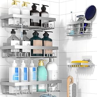 Moforoco Adhesive Shower Caddy Organizer Shelves Rack - 5 Pack Corner Bathroom Storage Organization, Home & Kitchen Decor Inside RV Accessories, Hanging First Apartment Household Camper Essentials