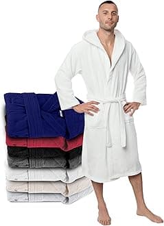 – Men's Bathrobe, 100% Cotton (350 g/m²) Oeko-Tex® Certified, Bathrobe with Hood, 2 Pockets, Belt