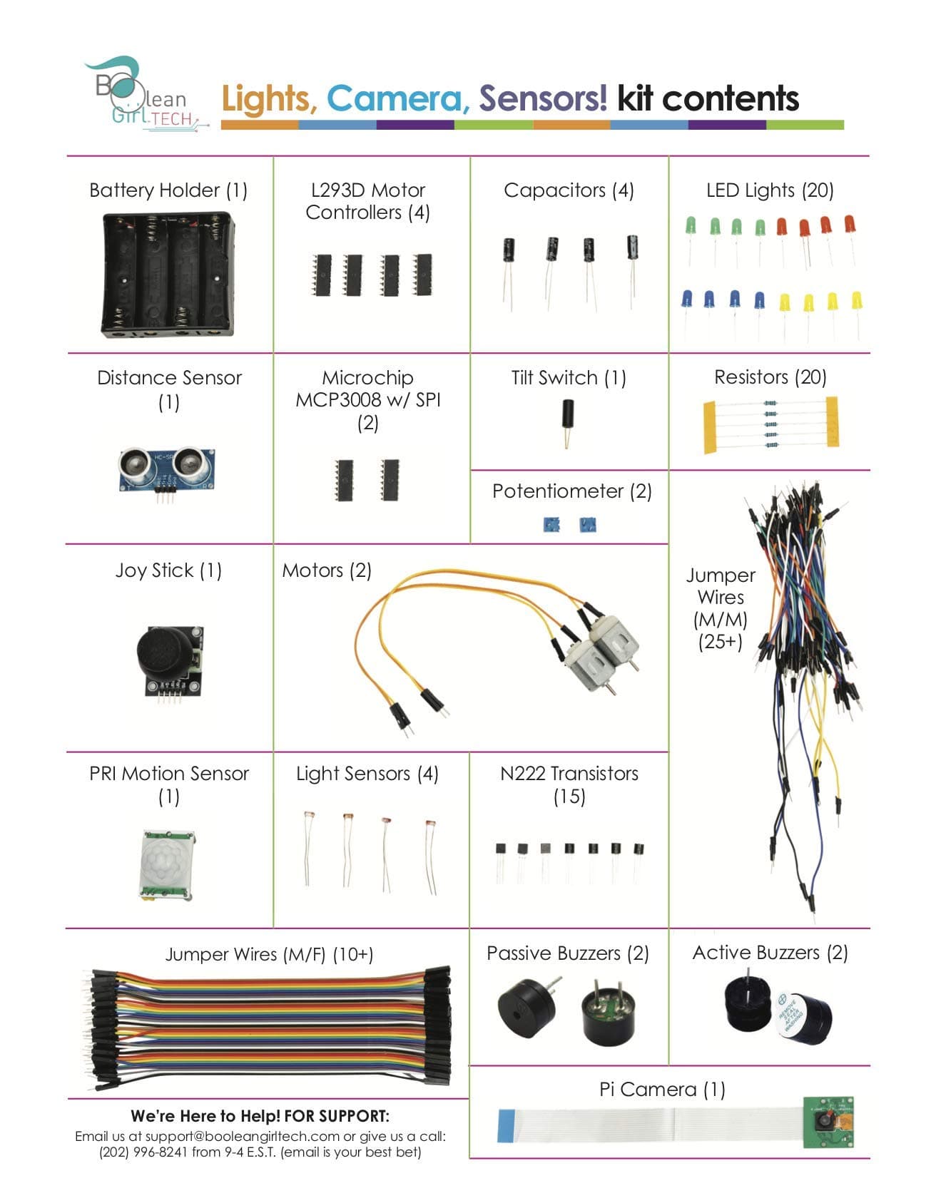 Lights, Camera, Sensors! A Build it Yourself Electronics Accessory kit for use with Boolean Box with Any Raspberry Pi Computer