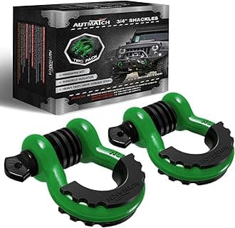 AUTMATCH 3/4" D Ring Shackles (2 Pack) 41,887Ibs Break Strength with 7/8" Screw Pin and Shackle Isolator Washers Kit for Tow Strap Winch Off Road Vehicle Recovery Dark Green & Black