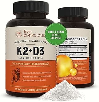 Live Conscious Vitamin K2 MK7 with D3 Supplement | Bone & Heart Health Support - Patented Vitamin K & Vitamin D3 5000 IU - 60 Softgels
