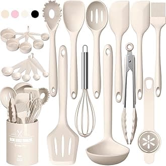 22-Piece Silicone Cooking Utensils Set，Heat Resistant & Dishwasher Safe Kitchen Tools, Black Non-Scratch Spatula Set for Nonstick Cookware (Khaki)