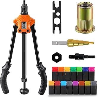 Rivet Nut Gun Professional Hand Tool Grip Lightweight, with 7 x Metric Mandrels 8 x SAE Mandrels 1 x Wrench Tool 1 x Pagoda Bit 100pcs Rivet Nuts and Sturdy Blow Moulded Carrying Case