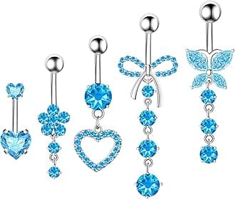 Belly Button Ring Dangle Navel Belly Piercing Jewelry Cute Pink CZ Heart Butterfly Bow Flower Navel Belly Rings for Women 14G Silver Stainless Steel Dainty Dangly Dangling Belly Button Piercing