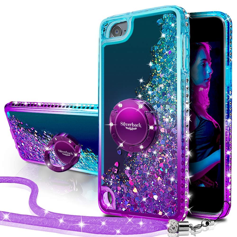 Silverback iPod Touch 7 Case, iPod Touch 6 Case, iPod Touch 5 Case, Girls Women Moving Liquid Holographic Glitter Case with Kickstand,Bling Diamond Case for Apple iPod Touch 6th / 5th 7th Gen -PR