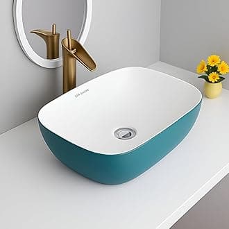 SEA SHORE Imported Designer Ceramic Wash Basin – Cyan & White Table Top Over Counter Vessel Sink (18 x 13 x 5.5 Inch)