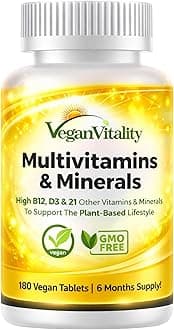 Vegan Vitality Multivitamins & Minerals with High Strength Vitamin B12, D3 & K2. 180 Multivitamin Tablets - 6 Months Supply. Multivitamin Tablets for Women and Mens Multivitamin. Suitable for Vegans