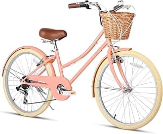 20 24 26 Inch Beach Cruiser Bike, 6-Speed Hybrid City Bicycle for Girls Youth and Over 6 Years Old, Missy Bike with Wicker Basket & Lightweight, Multiple Colors