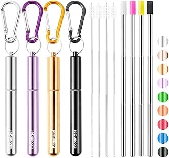 Cruise Ship Essentials,4-Pack reusable Collapsible Stainless Steel Drinking Straws with Aluminum Case,Cleaning Brush,and Keychains （Black & silver & purple & gold）