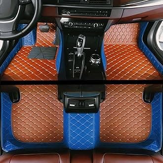 Custom Luxury Car Floor Mats Suitable for All Sedans, Sports Cars,SUV, Business Vehicles, Trucks, Waterproof and Anti Slip Fully Covered Leather Floor Mats (Blue and Light Brown)