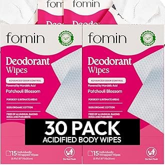 FOMIN Acidified Travel Deodorant Wipes For Women & Men - 30 Count - Patchouli Blossom - pH Balanced, Mini Deodorant Travel Size Wipe - Plastic-Free, Individually Wrapped Underarm Body Wipes