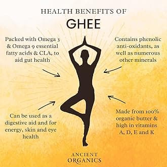 Ancient Organics Ghee - Gluten-Free Grass-Fed Clarified Kosher Vegetarian Ghee Butter with Vitamins & Omegas, Non-GMO, Lactose Free, 100% USDA Certified Organic, Made in USA - 32 Fl Oz 2-Pack