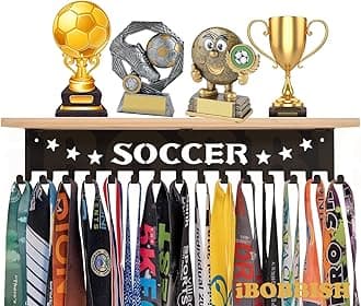 Soccer Trophy and Medal Display Shelf - Black Metal Wall Mount With 15 Hooks for Over 60 Medals - Sturdy Trophy Shelf With Gifts Box