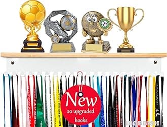 Premium Trophy and Medal Display Shelf 16inchL,Metal Trophy Shelf with Hooks Upgraded,Large Bamboo Trophy Board Display,Sturdy Trophy Shelf with Hooks for Medals Metal Wall Mount Medals