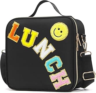 Insulated Lunch Bag Women Lunch Box Kids for Teen Girls Boys, Cute Preppy Lunch Boxes With Adjustable Shoulder Strap, Waterproof Nylon Lunchbox Lunch Bags for School Work Picnic (Black)