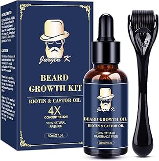 Beard Growth Kit, Upgraded Beard Growth Oil (2Oz) w/Biotin & Castor Oil, Beard Massager for Patchy/Spot Beard, Beard Kit for Men's Daily Grooming, Birthday Gifts for Him Boyfriend Husband