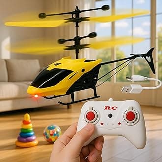 Outdoor and Indoor Flying Helicopter with Remote Control | Electronic Radio RC Remote Control Toy | Charging Helicopter with 3D Light & Safety Sensor for Kids - Pack of 1 (Color Yellow)