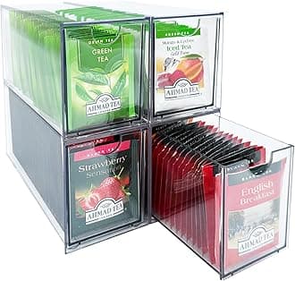 4 Pack Tea Bag Drawer Organizer - 4 Clear Plastic Drawer Tea Bag Holders; Stackable and Portable; Larger Size, Organize Storage for Tea Bags and Kitchen Essentials