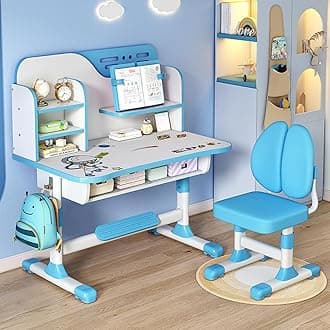 Kids Desk and Chair Set, Height Adjustable Children Study Desk, Golden Distance Preventing Myopia Design, Children Study Desk with Spacious Storage Drawer for Boys Girls Home Study Tool (Blue-C)
