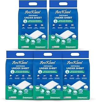 Arokleen Premium Disposable Bed Underpads Large 90x60 CM I 50 Units I Waterproof I Protects surfaces from Incontinence I Super Soft Polymer Pack of 5