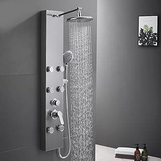 Shower Panel Tower System 304 Stainless Steel, Shower Panels System with Adjustable Rainfall Shower Head, 6 Body Massage Jets and 5 Functions Handheld Shower, Brushed Stainless Steel