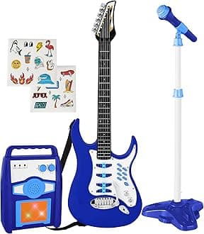 Best Choice Products Toy Kids Guitar Play Set Bundle, Pretend Play Toddler Electric Guitar Kit with Interactive Microphone, Amp, Whammy Bar, 6 Demo Songs and 2 Sticker Sheets - Blue
