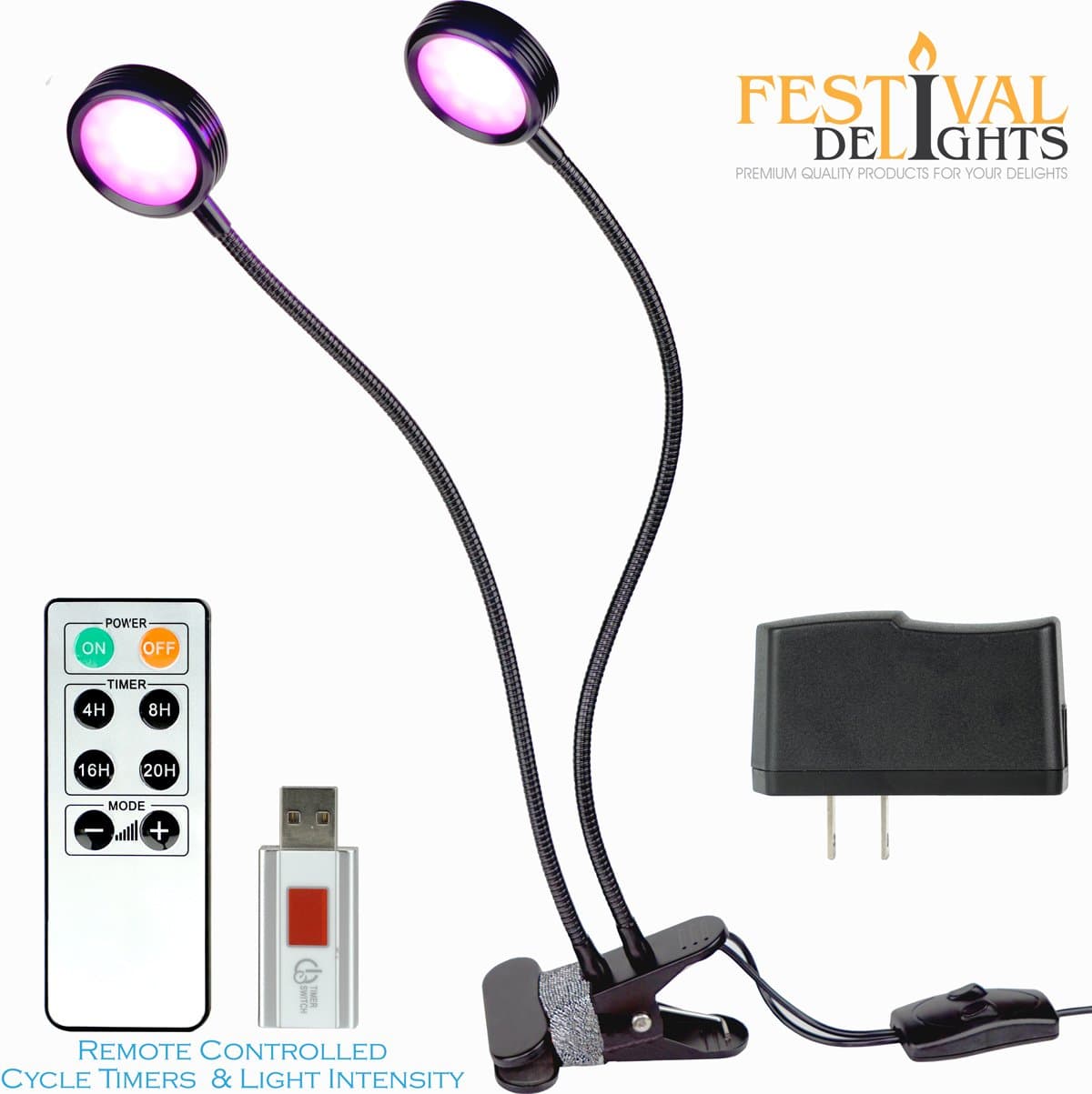 Grow Light - USB Timer with Remote Control, 18W Dual Head LED Lamp 360° Flexible Gooseneck with Clamp, 4 Modes of Lighting 2A Adaptor