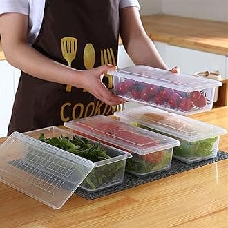 Clazkit Plastic 4 Food Storage Containers,Fridge Organizer For Keep Fruits,Removable Drain Plate And Lid Stackable Fruits, Vegetables, Meat, Fish Fresh And Dry - Pack Of 4, Transparent