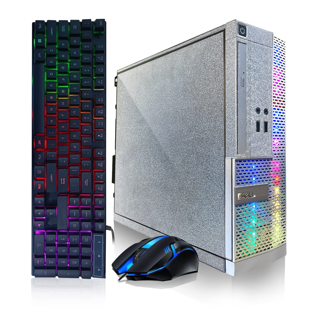 Dell PC Treasure Box RGB Desktop Computer Intel Quad Core I5 up to 3.6G, 16G, 512G SSD, WiFi & Bluetooth, RGB Gaming PC Keyboard & Mouse, DVD, Windows 11 Pro (Renewed) (Moonlight Silver)
