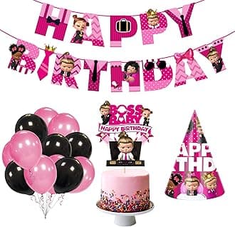 Baby Girl's Boss Happy Birthday Theme Party Supplies for Girls Baby Birthday Decorations Favors with Paper Banner ,Cake Topper ,Birthdayy Cap and Balloons( Pack of 28)