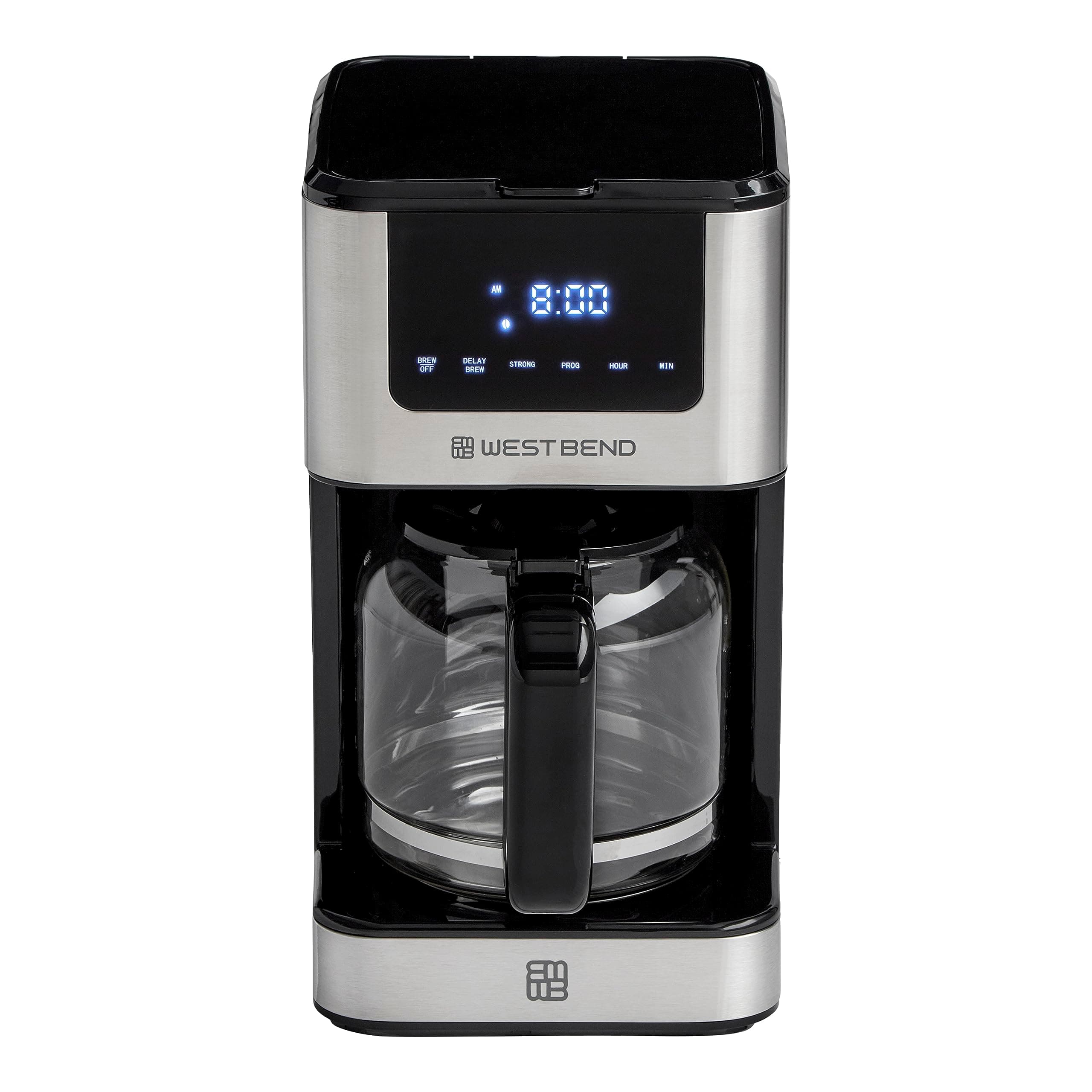 Drip Coffee Maker Brews Hot or Iced, Programmable with Brew Strength Selector Auto Shut-Off and 6 Functions Permanent Mesh Filter and Glass Carafe, 12-Cup, Metallic